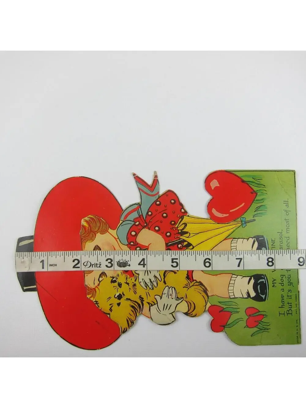 Antique Valentine Card Girl 3D Hat Havanese Puppy Dog LARGE Die Cut Stand Up